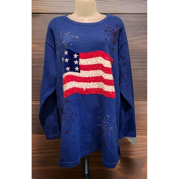 Quacker Factory American Flag Beaded Tunic Sweater Sz 1X Patriotic Raime - Picture 1 of 7